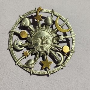 JJ Jonette Vintage Pewter Brooch Celestial Sun